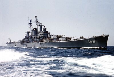 USS Newport News (CA-148) underway in the Mediterranean Sea on 9 September 1957