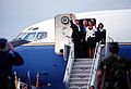 Vice President J. Danforth Quayle and Marilyn Quayle wave to the crowd upon their arrival on base