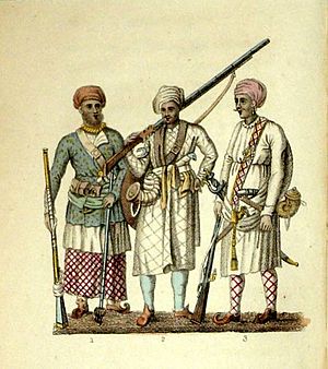 (1) A Seapoy in the Native Attire; (2) A Hindoo Soldier; (3) A Brigbasi