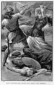 01 Illustration by Alfred Pearse (1856-1933) for The Thirsty Sword - a story of the Norse invasion of Scotland (1262-1263). by Robert Leighton (1858-1934) - Courtesy of the British Library