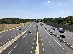 2019-07-15 14 46 26 View south along Interstate 95 (John F. Kennedy Memorial Highway) from the overpass for Hazelwood Avenue in Rosedale, Baltimore County, Maryland