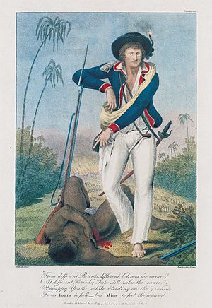 John Gabriel Stedman stands over a slave after the capture of Gado Saby, a village of Maroons in Surinam, from the frontispiece of his Narrative