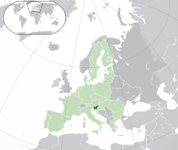 Location of  Slovenia  (dark green)– on the European continent  (green & dark grey)– in the European Union  (green)
