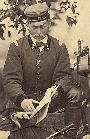 Ferdinand von Zeppelin in June 1863 detail- Virginia, Fairfax, a group of officers at Headquarters, Army of the Potomac, Fairfax Courthouse. Studying the art of... - NARA - 533319 (cropped)