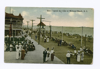 How I Spend my time at Midland Beach, Staten Island. (people on boardwalk, Scenic Railway building.) (NYPL b15279351-104510)f