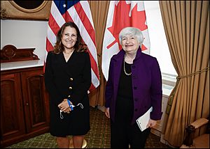 Janet Yellen and Chrystia Freeland at the 2021 IMF Autumn Meeting