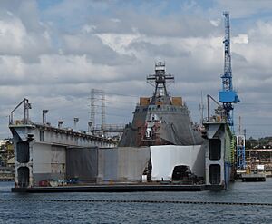 Littoral combat ship in drydock, San Diego