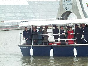 Official opening of the Falkirk Wheel on Friday 24th May 2002. Queen Elizabeth II (in the green coat and hat) tours the site with The Duke of Edinburgh