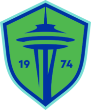 The Seattle Sounders FC crest, a green and blue shield with the shape of the Space Needle in the center and the year of the club's founding (1974).
