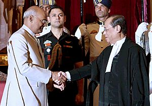 The President, Shri Ram Nath Kovind greets the Chief Justice of India, Shri Justice Ranjan Gogoi, after administering the oath of office to him, at a swearing-in ceremony, at Rashtrapati Bhavan, in New Delhi
