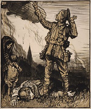 The zeppelin raids the vow of vengeance. Drawn for The Daily Chronicle by Frank Brangwyn