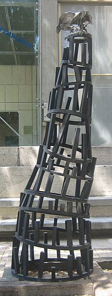 'A Journey in the Wake of the Crow', railway sleepers and painted aluminum sculpture by Maya Cohen Levy, 1990, Tel Aviv Museum of Art, Tel Aviv, Israel