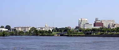 2009-08-26 View of downtown Trenton in New Jersey and the mouth of the Assunpink Creek from across the Delaware River in Morrisville, Pennsylvania