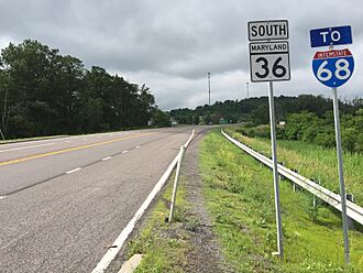 2016-06-25 10 14 13 View south along Maryland State Route 36 (New Georges Creek Road) just south of Bishop Murphy Drive in Frostburg, Allegany County, Maryland