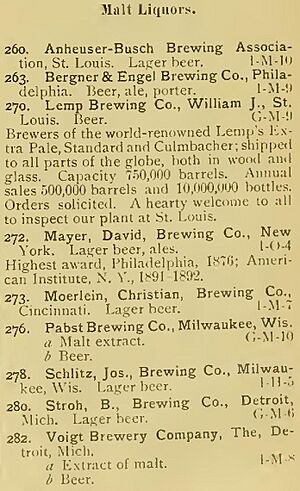 American Breweries in 1893, from - Condensed Catalogue of Interesting Exhibits with Their Locations in the World's Columbian Exposition; (IA condensedcatalog00worl) (page 27 crop)