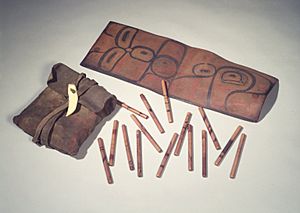 Bag with 65 Inlaid Gambling Sticks, Tsimshian (Native American), 19th century, 05.588.7348