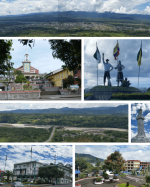 From top, left to right: Panoramic view of the city, Cathedral of Our Lady Purest of Macas, monument to the inhabitants of Macas, Bridge of the Upano River, monument to Our Lady Purest of Macas in the viewpoint of Quílamo hill, City hall of Morona and Civic Park of Macas.