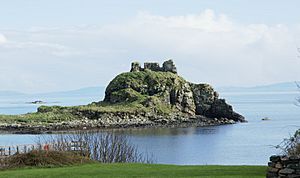 Dunyvaig Castle 20120411 from northwest across Lagavulin Bay