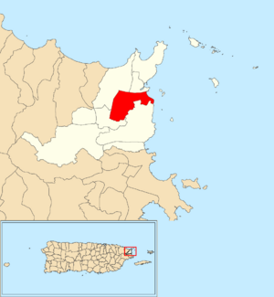 Location of Fajardo barrio-pueblo within the municipality of Fajardo shown in red