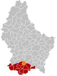 Map of Luxembourg with Leudelange highlighted in orange, and the canton in dark red
