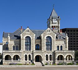The Victoria County Courthouse of Romanesque revival design in Victoria