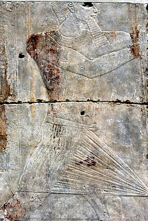 Pharaoh Sahure, painted wall fragment from the Pharaoh's mortuary temple at the Pyramid Complex of Sahure, Abusir. Neues Museum