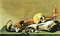 Pieter Claesz - Open book, Skull, Violin and Oil Lamp