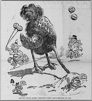 Satterfield cartoon about Mark Hanna hiding from a presidential candidacy