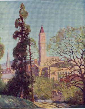 Watercolour painting by Vida Lahey featuring Brisbane City Hall as seen from Albert Park with the Albert Street, Methodist Church steeple to the left, 1936