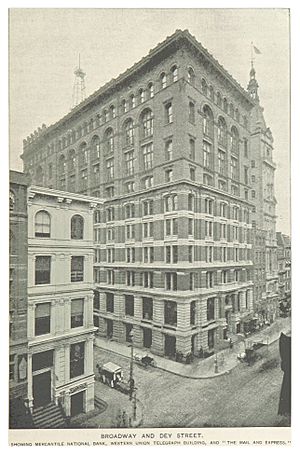 (King1893NYC) pg213 BROADWAY AND DEY STREET. SHOWING MERCANTILE NATIONAL BANK, WESTERN UNION TELEGRAPH BUILDING, AND THE MAIL AND EXPRESS