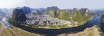 Aerial view of Yangshuo from across the Li River