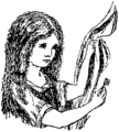 Head and shoulders drawing of a girl (Alice) holding a key