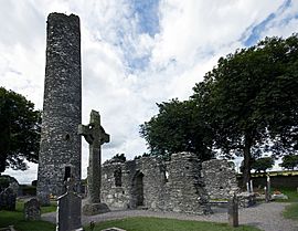 A high cross and round tower at Monasterboice, Ireland