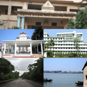 Clockwise from top left: Baranagore Ramakrishna Mission Ashrama High School; Indian Statistical Institute; Kuthi ghat; Belghoria Expressway; Kripamayee Kali Temple