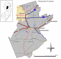 Map of Bedminster Township in Somerset County. Inset: Location of Somerset County in New Jersey.