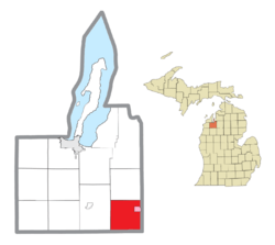 Location within Grand Traverse County (red) and the administered village of Fife Lake (pink)