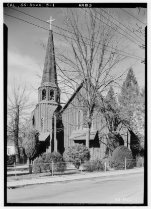 Historic American Buildings Survey Roger Sturtevant, Photographer Jan. 20, 1934 EAST ELEVATION (FRONT) - St. James Episcopal Church, Washington and Theall Streets, Sonora, HABS CAL,55-SONO,5-1