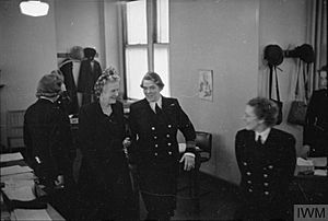 MRS WINSTON CHURCHILL VISITS WRNS HEADQUARTERS. SEPTEMBER 1941, QUEEN ANNE'S MANSIONS. MRS V LAUGHTON MATHEWS, DIRECTOR, WRNS, INTRODUCED MRS CHURCHILL TO EACH OFFICER IN CHARGE OF THE VARIOUS DEPARTMENTS AT TH A5490.jpg