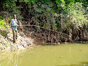 Man fishing from the banks of a lake in Burkina Faso, 2009
