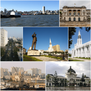 Clockwise, from top: Maputo skyline, Maputo City Hall, Our Lady of the Immaculate Conception Cathedral, Maputo Railway Station, Port of Maputo, Avenida 24 de Julho, and the Samora Machel Statue in Independence Square