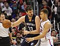 Marc Gasol backs in to Blake Griffin 20131118 Clippers v Grizzles (cropped)