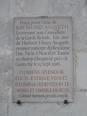Memorial tablet to Raymond Asquith in Amiens Cathedral