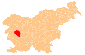 Map showing, in red, Idrija