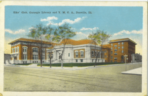 Postcard showing the Elks Club, Carnegie library and YMCA buildings in Danville, Illinois, USA circa 1920