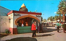 Indio during the 1950s: Stan Sniff, a local date grower's booth at the annual National Date Festival and Riverside County Fair, selling dates which is one of the region's most popular crops.