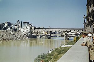 The Ponte Vecchio bridge in Florence, damaged by the retreating Germans who blew up buildings at each, 14 August 1944. TR2293