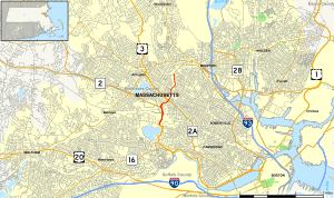 Map of Middlesex County in eastern Massachusetts with Alewife Brook Parkway highlighted in red