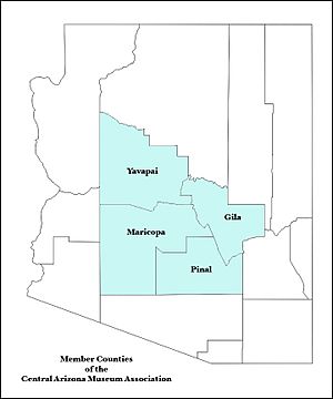 Arizona map showing counties served by the Central Arizona Museum Association
