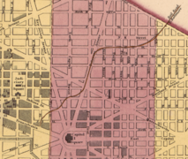 Detail of a 1851 Map of Washington, DC showing the layout of the Washington Branch Line