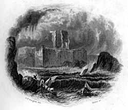 Dunbar Castle vignette engraving by William Miller after G F Sargent